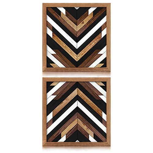 Loomarte Plank Canvas Wall Art Vintage Retro Painting Photo Wall Decals Rustic Black White and Brown Print Line Picture Wooden Frame Artwork for Bathroom Living Room Decor,12x12 Inch x 2pcs - Farmhouse Wall Decor - 12x12 Inches