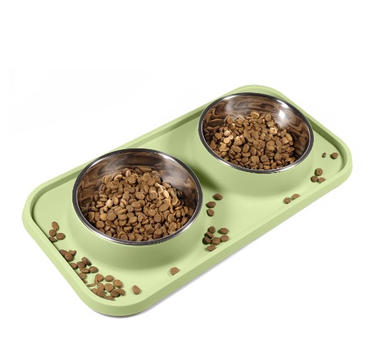 L.D.Dog Cat Food Bowls, Cat Bowls Non-Skid and Non-Spill Silicone Mats with Stand, Removable Stainless Steel Food and Water Dishes for Cats, Small Size Dogs (Olive Green)