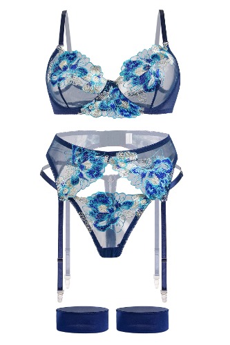 Aranmei Lingerie Set for Women 4 Piece Lingerie Set with Floral Embroidered Lace Sheer Underwire Bra with G-String Thigh Bands with Garter Belt Lingerie Set