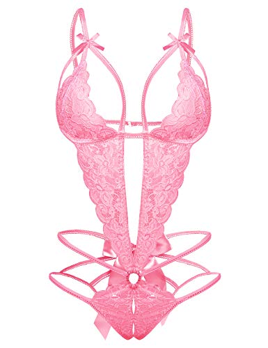 EVELIFE Women Lace Lingerie Sexy Strap Bodysuit Deep V One Piece Teddy Babydoll Mini Bodysuit - Pink - S