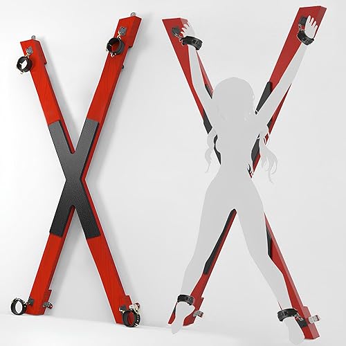 Andrew's Cross Bondage Furniture - Solid Oak Frame with Handcuffs and Ankle Cuffs, Large Bondage Restraints Training Rack, Flirting Sex BDSM Kit for Men, Women, and Couples