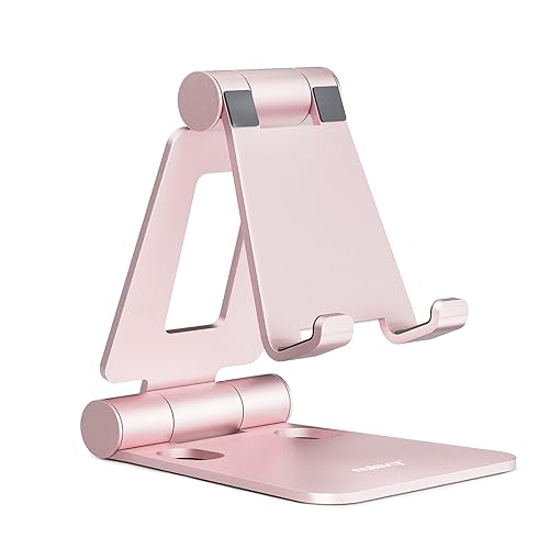 NULAXY Verstellbar Handy Ständer Tisch, Faltbarer Handy Halterung Aluminium Einstellbar Phone Halter für Schreibtisch Kompatibel mit iPhone 16 15 14 13 12 11 Pro Xs Xr X 8, Huawei, Galaxy, Alle Handys - D-Rose Gold