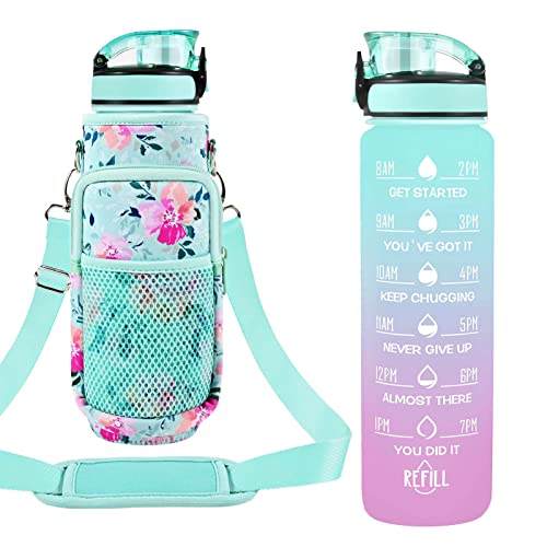 Newfad 32 oz Water Bottles with Straw & Strap, Motivational Water Bottles with Times to Drink, BPA Free Reusable Sports Water Bottle with Sleeve Carrier for Hiking, Travel, Running or Fitness - Spring Bouquet