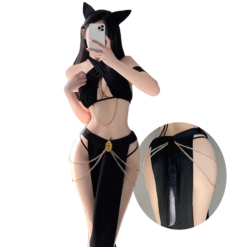 JasmyGirls Sexy Cosplay Lingerie Cat Egyptian Cleopatra Costume Halloween Princess Leia Role Playing Outfit Slave Maid Outfit Dress