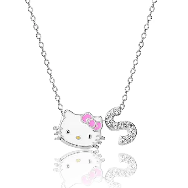 SALLY ROSE Hello Kitty Necklace for Women with Cubic Zirconia Letter Charm - 18" Initial Necklaces for Women Silver Flash-Plated - Official License - Letter S