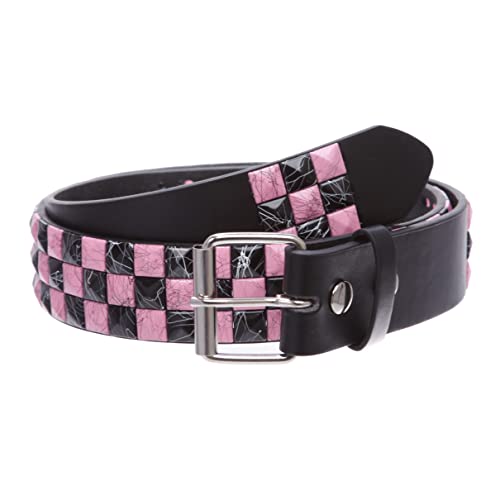 beltiscool Snap On 1 1/2"-38mm Checkerboard Punk Rock Studded Belt - M 33"-35" - Pink/Black
