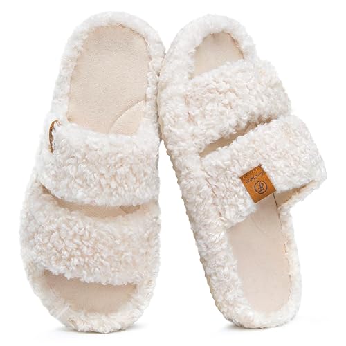 EverFoams Womens Fuzzy Open-toe Slippers Soft Comfy Memory Foam Indoor House Shoes - 9-10 - Vanilla Ice