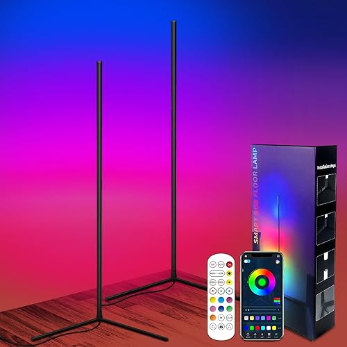 2-Pack Corner Floor Lamp,64" RGB LED Floor Lamp with 16 Million Colors,DIY Lighting Mode,Music Sync&Timing,Modern Standing Lamp with App & Remote Control,Suitable for Living Room Bedroom & Gaming Room - 2-pack