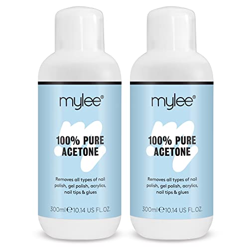 Mylee 100% Pure Acetone Gel Nail Polish Remover for UV/LED, Gel Soak Off, Removes All Types of Nail Polish, Gel Polish, Acrylic, Gels, Nail Tip & Glue (2x 300ml) - 300 ml (Pack of 2)