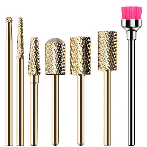 MELODYSUSIE Nail Drill Bits Set Carbide Less Dust Professional 3/32 Inches Nail Bits Filing Acrylic Nails Gel Nails Down Removing Cuticle Tools for Electric Nail Files Drill Machine, 7pcs, Gold - C-Gold