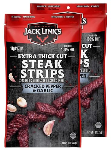 Jack Link's Steak Strips, Beef Jerky, Cracked Pepper & Garlic, Snack Bags, Thick Cut Protein Snacks, Ready To Eat - 11g of Protein, 80 Calories per Serving, Made with Premium Beef, 8 Oz (Pack Of 2) - Peppered Garlic - 8 Ounce (Pack of 2)