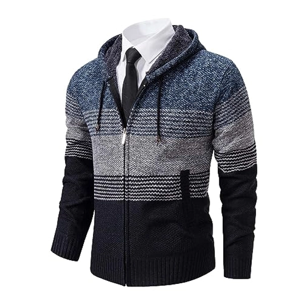 Mylldey Mens Hoodies Knit Sweater, Full Zip Fleece Lined Cardigan Sweaters Casual Regular Fit Knit Hooded Men Sweater Jacket