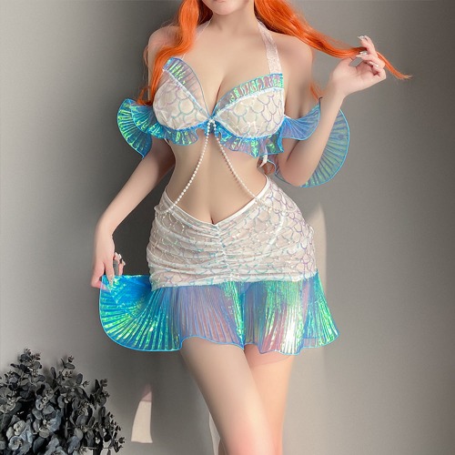 Mermaid Costume Set - Seductive Metallic Lingerie - Blue/White / M