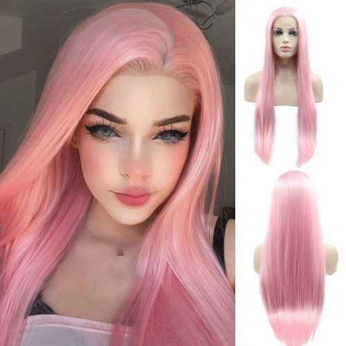 Parrucche frontali in pizzo rosa pesca per donne Lunghe parrucche rettilinee parrucche parte centrale con capelli da bambino Glueless Pre pizzicato Parrucca cosplay sintetica per capelli sintetici