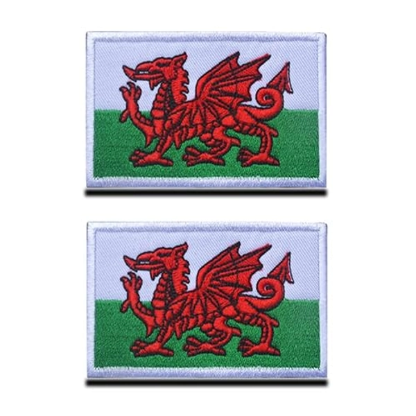Zcketo 2 PCS United Kingdom British Union UK Wales Welsh Dragon Patch Hook and Loop Embroidered National Emblem Patch for Football Billiards Clothes Jersey Backpack Caps Travel Tactical