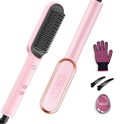 Hair Straightener Brush, TYMO Ring Hair Straightener Comb Straightening Brush for Women with 5 Temps 20s Fast Heating & Dual Voltage, Pink - Pink