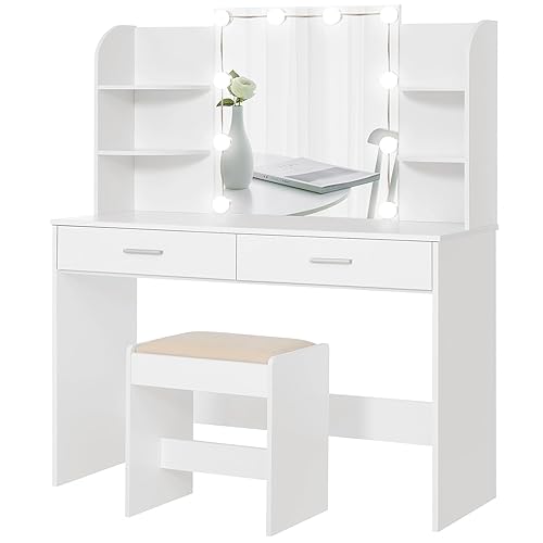 usikey Makeup Vanity with Mirror and 10 LED Lights, Vanity Makeup Table Set with 2 Drawers and Open Shelves, Makeup Vanity Desk Dressing Table with Cushioned Stool, White - 42.5"W Vanity Desk - White