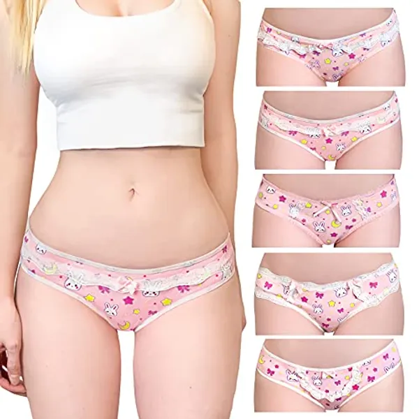 LittleForBig Women's Ladies Soft Cotton Underwear Comfortable Hipster Briefs 5 Pack Panties Set-Usagi Pattern