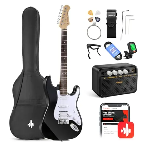 Donner DST-100B 39 Inch Electric Guitar Beginner Kit Solid Body Full Size Black HSS for Starter, with Amplifier, Bag, Digital Tuner, Capo, Strap, String,Cable, Picks