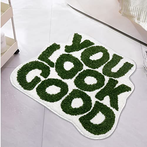 UNIBATH You Look Good Bath Mat Green Bathoom Rugs Funny Cute Bathroom Decor Preppy Small Cool Rug Non Slip Microfiber Washable Absorbent Shower Rug, 25”x21”