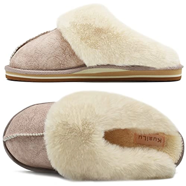 KuaiLu Womens Fluff Dual Memory Foam Slippers Ladies Cozy Arch Support Warm Scuff Slippers Slip on Comfy Winter House Shoes with Non-Slip Indoor Outdoor Hard Sole