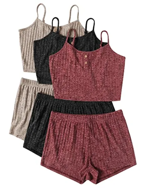 Ekouaer 3 Sets for Women Ribbed Pajamas Crop Cami Top and Shorts Pjs Casual Sleeveless Button Lounge Set Sleepwear