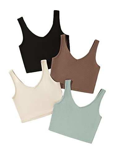 Milumia Women's 4 Pack Ribbed Knit V Neck Sleeveless Plain Fitted Crop Tank Top Set - Medium - Green Beige Black Brown