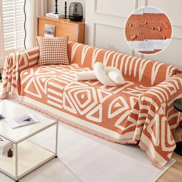 Awjcsv Water Resistant Boho Couch Cover, Soft Chenille Couch Cover for Dogs Washable, Couch Covers for 3 Cushion Couch Sofa Pet Friendly, Thick, Dirt Resistant (Orange, 71" x 134")