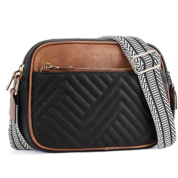 BOSTANTEN Quilted Crossbody Bags for Women Vegan Leather Purses Small Shoulder Handbags with Wide Strap