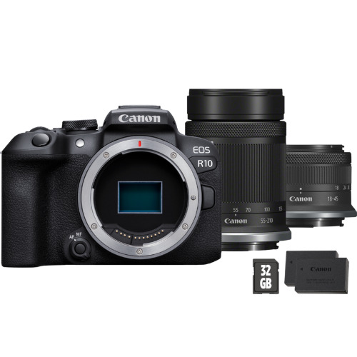 Appareil photo hybride Canon EOS R10 + objectif RF-S 55-210mm + objectif RF-S 18-45mm + carte SD + batterie suppl&eacute;mentaire