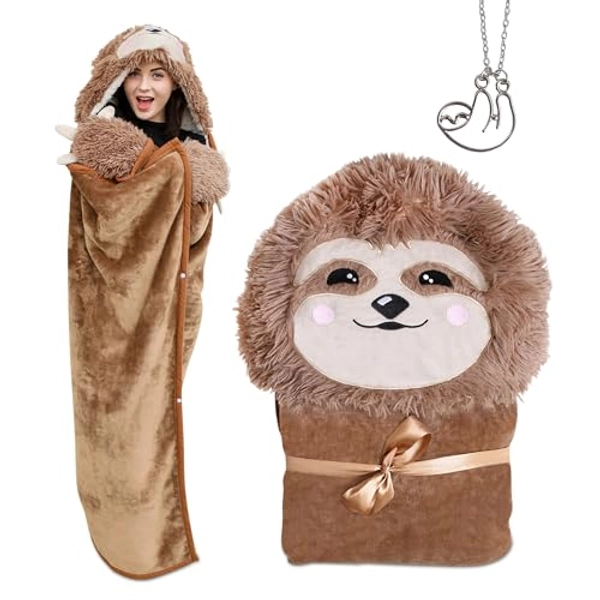 Sloth Wearable Hooded Blanket with Sloth Pendant Necklace – Warm and Cozy Oversized Blanket Hoodie with Claws Hand Gloves- Premium Sherpa and Soft Flannel Fleece Hoodie Blanket - Brown
