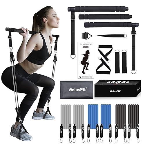 Pilates Bar Kit with Resistance Bands (30+40+50), WeluvFit Exercise Fitness Equipment for Women & Men, Home Gym Workouts Stainless Steel Stick Squat Yoga Pilates Flexbands Kit for Full Body Shaping