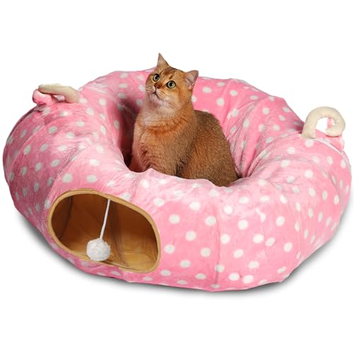 AUOON Cat Tunnel Bed with Central Mat,Big Tube Playground Toys,Soft Plush Material,Full Moon Shape for Kitten,Cat,Puppy,Dog,Rabbit,Ferret,Pink - Pink
