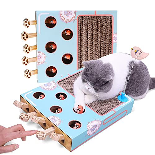 Tookincmo Cat Enrichment Toys - Interactive Whack a Mole Game, Scratching Pad, and Cardboard Box for Indoor Cats - Whack Mole+Pad