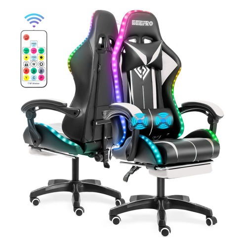 Gaming LED Massage Chair with Footrest - White