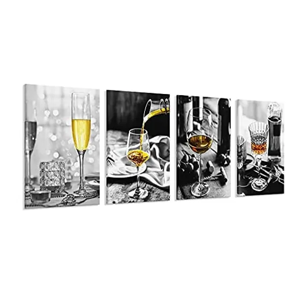 
                            Dining Room Picture Decor Framed Wall Art for Kitchen Wine Glasses Artwork Canvas Living Room Wall Decor Bar Wall Decorations 4 Piece Set (A, 8X12InchX4PCS,Small Size)
                        