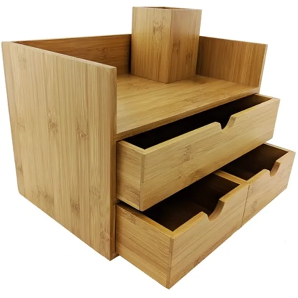 Sherwood  Co. 3-Tier Bamboo Desk Organizer with Drawers - Perfect for Desk Office Supplies, Vanity, Kitchen and Home or Office Tabletop with Bonus Pen Pencil Holder