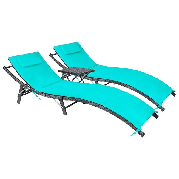 Devoko Patio Chaise Lounge Sets Outdoor Rattan Adjustable Back 3 Pieces Cushioned Patio Folding Chaise Lounge with Folding Table (Blue)