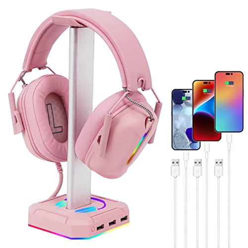 Pink Headphone Stand RGB Lights Gaming Headset Holder with 3 USB Port for Charging or Connecting Headset Keyboard and Mouse,9 Modes Can be Toggles and Off,Aluminium Connecting Rod. - Pink