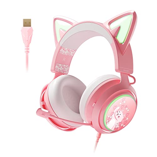 EASARS Pink Gaming Headset, Cat Ear Headset, USB Headset with Retractable Mic, RGB Lighting, 7.1 Surround Sound, Soft Memory Earmuffs, Cat Ear Headphones for PC, Laptop - Wired - Pink