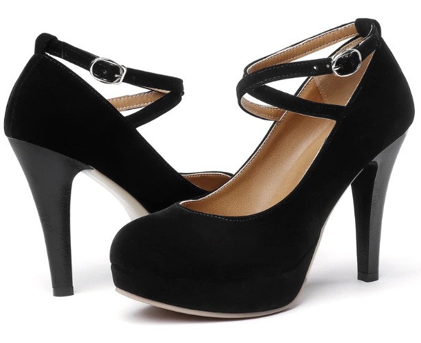 RIBONGZ Black Strappy Heels for Women Closed Toe Platform High Heels Pumps Sexy Summer Comfortable 4 inch Stiletto Heels