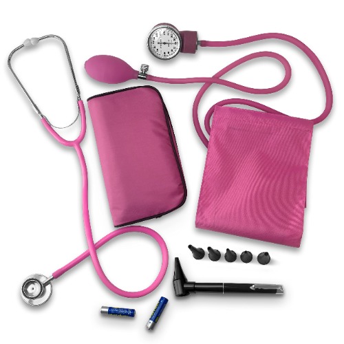 ASA TECHMED Nurse Essentials Starter Kit with Handheld Travel Case | 3 Part Kit Includes Adult Aneroid Sphygmomanometer Blood Pressure Monitor, Stethoscope, Mini Diagnostic Otoscope (Pink) - Pink
