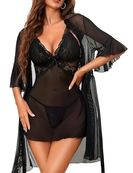 LUSLOVE Women Sexy Lingerie Set 3 Piece Babydoll & Lace Kimono Robe Strap Chemise Nightgown Mesh Sleepwear