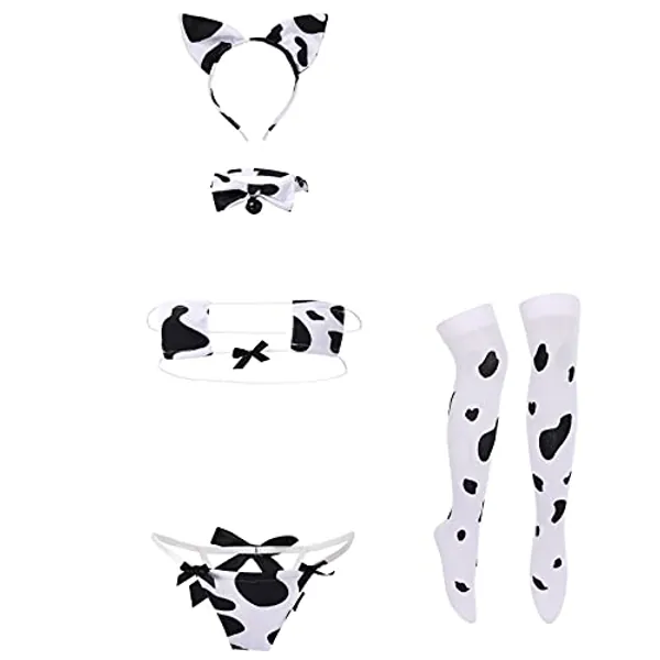 Sexy Cow Dalmatian Furry Milk Leopard Costume Kawaii Outfit Anime Lolita Mini Bikini Bra Lingerie Set for Women Teddy Japanese Halter Bodysuit Underwear One Piece Mesh Babydoll Nightwear 4pcs