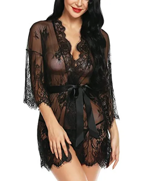 Ababoon Women Lingerie Robe Lace Kimono Bathrobes Sexy Nightgowns Babydoll Mini V Neck Nighty Sleepwear S~4XL