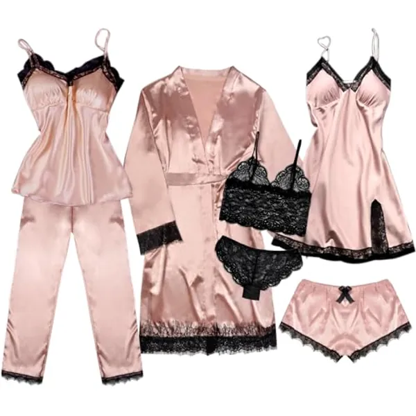 QZUnique Women's 7pcs Floral Lace Satin Pajama Set Cami Sleepwear with Silk Robe Lingerie Set Sexy Top Shorts Nightgown