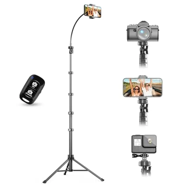 UBeesize 88’’ Flexible Phone Tripod with 14.95’’ Gooseneck, Remote and Phone Holder, Overhead Cell Phone Stand＆Selfie Stick for Video Recording, Compatible with iPhone Android Phone, Camera Black