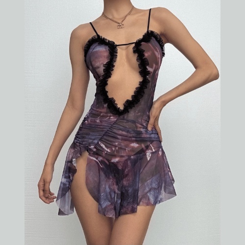 Ruched ruffle slit sheer mesh hollow out cami cut out mini dress | Purple / S