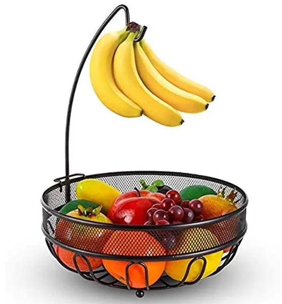 Huahong Obstkorb mit Bananenhalter, Obstschale, Gemüsekorb aus Metall, stehend, tägliche Küchenaufbewahrung, Obstkorb, Obstständer