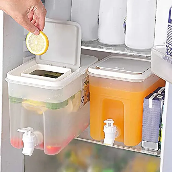 4L Getränkespender mit Zapfhahn, Kühlschrank Wasserspender mit Wasserhahn, Große Kapazität Getränkespender Kunststoff Nachfüllbarer Eiswassereimer mit Deckel für Kalte Getränke Obst Teekanne